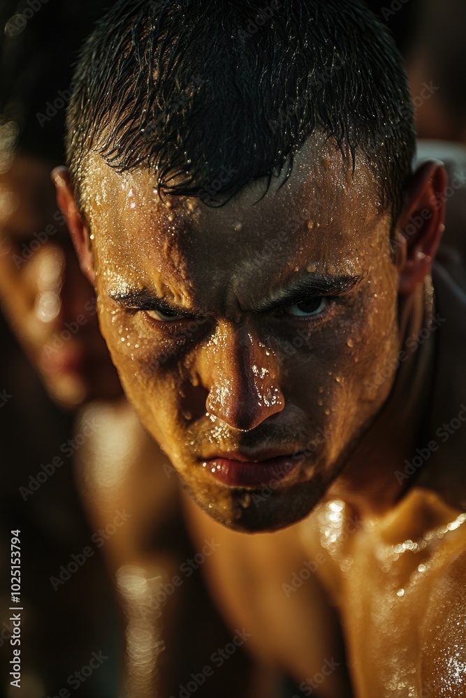 Poster a close-up shot of a man's face with water dripping down