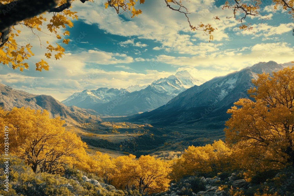 Poster A serene landscape featuring a mountain range with trees in the foreground, perfect for use in nature-inspired designs or as a background element