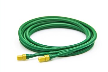 A close-up shot of a green hose lying on a white surface