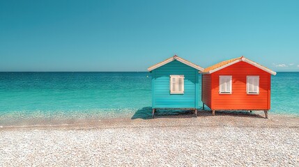   A pair of cozy beach huts rest atop a golden sand shore beside the tranquil waters