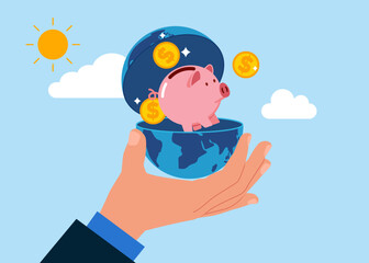 Open globe. Investing money. Wellbeing metaphor. Collecting Money in Account, Open Bank Deposit.  Flat vector illustration.