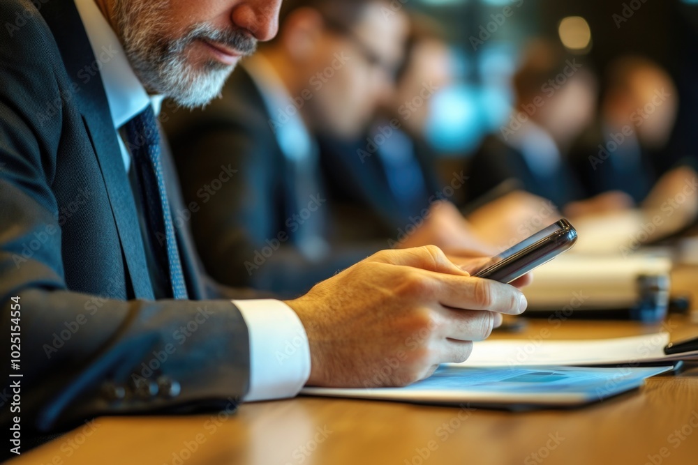 Poster A person sitting at a table with a cell phone in hand, possibly checking messages or making calls