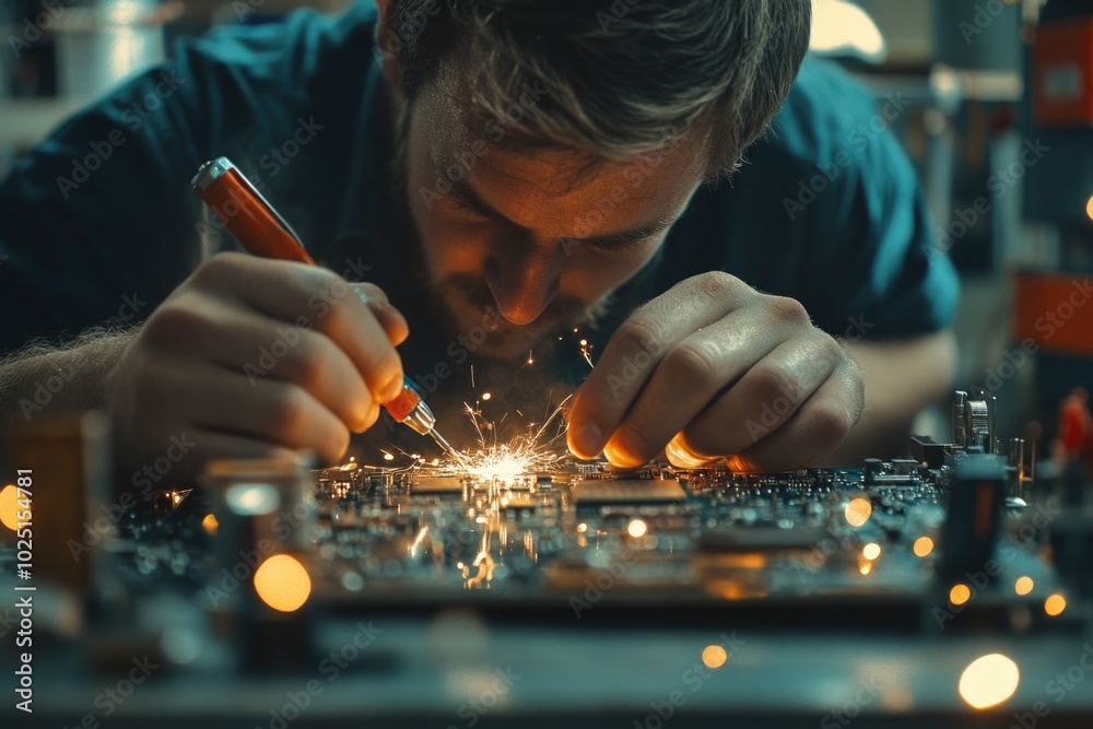 Aufkleber a person is working on a circuit board with various electronic components