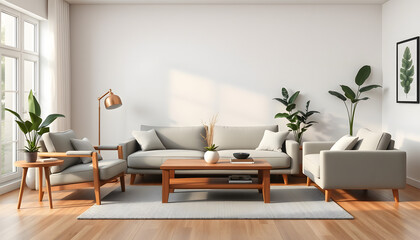 Fototapeta premium Living room interior with design modular couch, chair, wooden coffee table and home decor isolated with white highlights, png