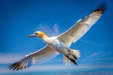 Elegant White Bird with Distinctive Black Wing Tips Gliding Through a Clear Blue Sky in Nature