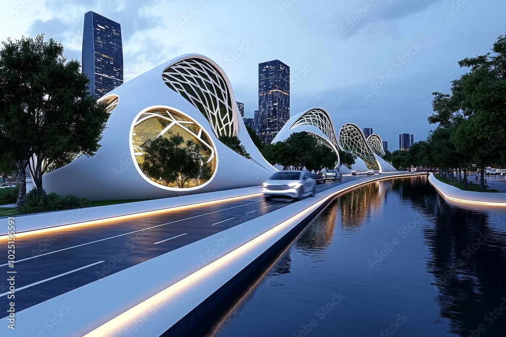 Poster futuristic city where natural elements like towering trees and flowing rivers are seamlessly integra