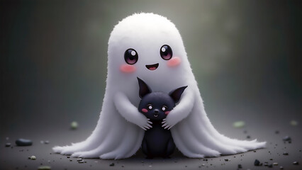 Cute Ghost Hugging a Bat in Adorable Illustration