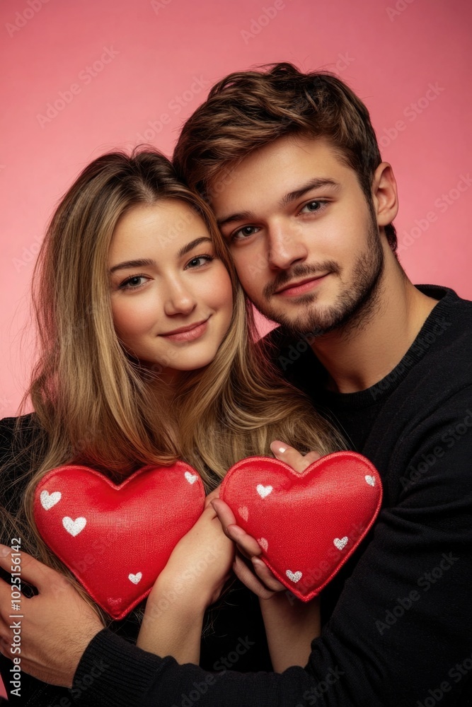 Poster A man and a woman holding a symbol of love, the red heart