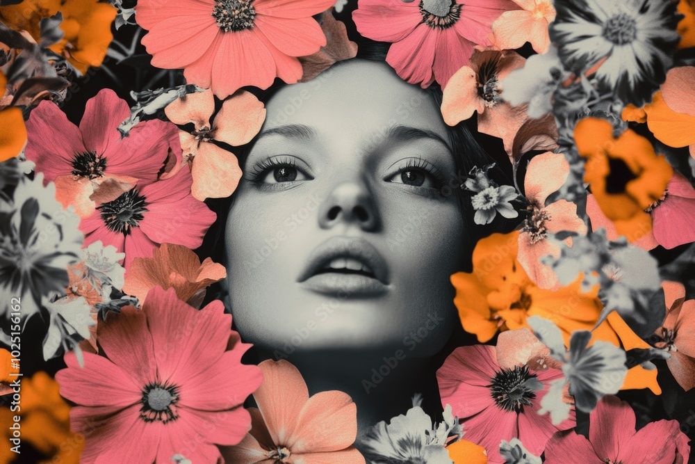 Poster A black and white photo of a woman surrounded by flowers