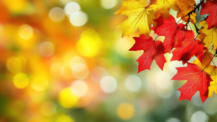 Fototapeta premium Autumn template with red maple leaves and sunlight