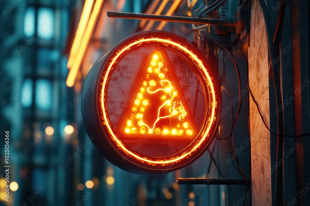 Poster A street sign with a triangle-shaped light on it, suitable for use in cityscapes or urban scenes