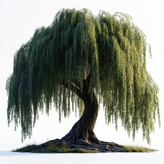 A large willow tree with long, drooping branches and detailed leaves, isolated on white background