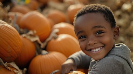 A happy young boy smiling while holding a pumpkin, perfect for fall and Halloween themed projects