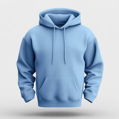 Light blue hoodie sweatshirt with a white hood on hanger against white background.