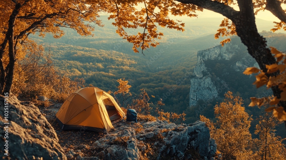 Poster a tent pitched on the top of a mountain with breathtaking scenery in the background
