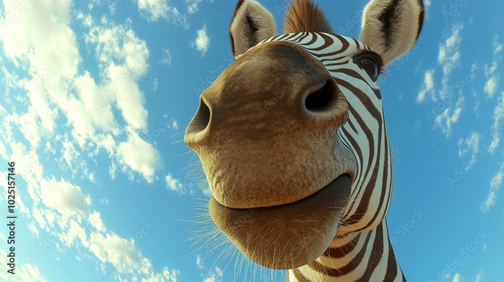 Aufkleber a close-up view of a giraffe's face with clouds in the background, great for wildlife or nature-them