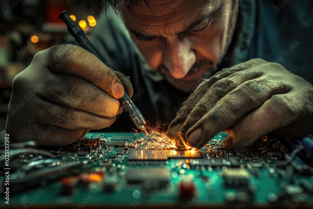 Poster a person is assembling electronic components on a printed circuit board