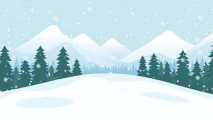 Winter mountains in snowy weather. Winter landscape of a forest against a background of mountains and snow. Winter nature vector illustration for Christmas design. Hike concept.
