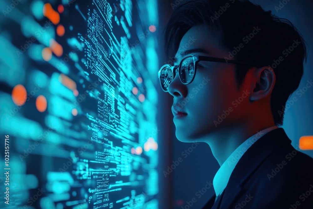 Poster a businessman sitting in front of a computer, focused on the screen