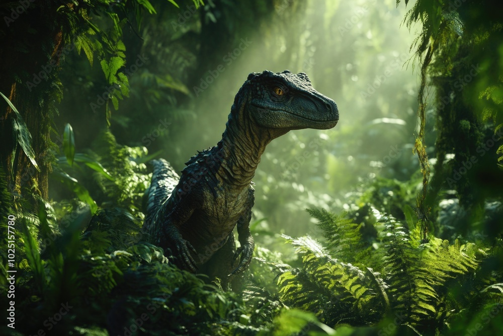 Poster a t-rex standing in a dense forest, surrounded by trees and foliage