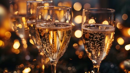 Glasses of sparkling wine with golden bubbles rising in each of them. They are set against a blurred background of glowing lights.