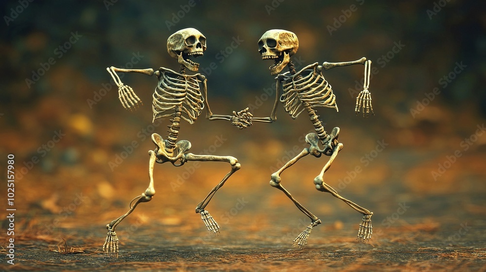 Wall mural two skeletons dance in a field, holding hands and lifting legs high