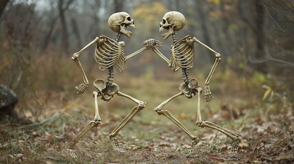   A pair of skeletons stand side by side in front of a dense forest, surrounded by numerous trees and falling leaves