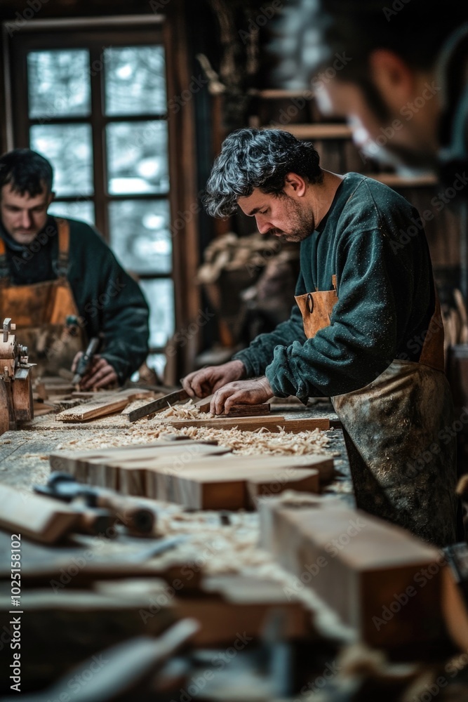 Poster Group of skilled woodworkers at work in a well-equipped workshop, ideal for use in illustrations about craftsmanship and DIY projects