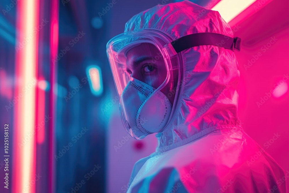 Poster a person wearing a protective suit and mask working on a task or project