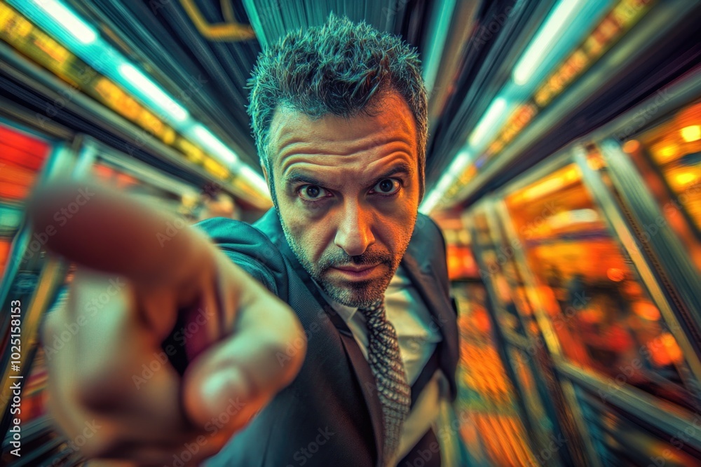 Poster a suited businessman points at the camera with a serious expression