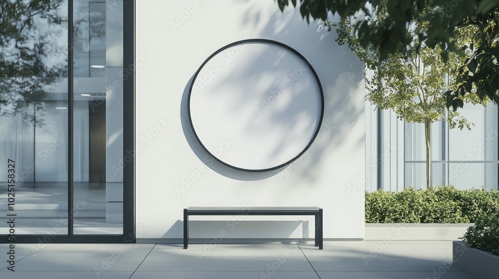 Poster a simple bench sitting in front of a clean and minimalistic white wall
