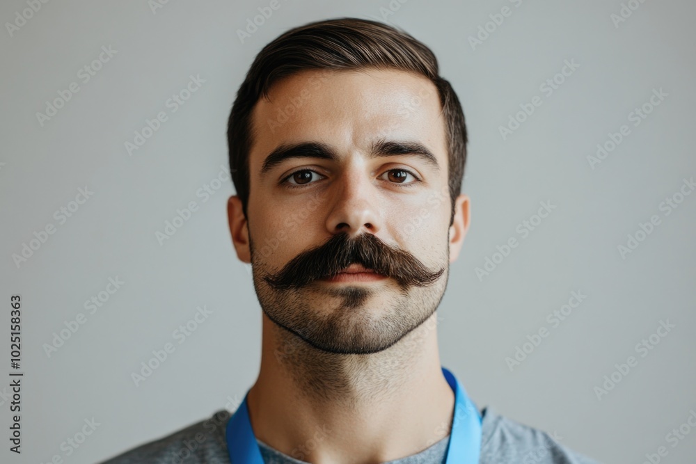 Poster Close up of a man's face with a distinctive mustache, suitable for use in portrait or profile shots