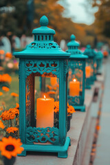Close-up of candles burning in glass lanterns on graves
