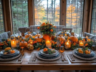 A decorated Thanksgiving table with autumn leaves and candles, shot from a wide angle to capture the full spread and atmosphere. 