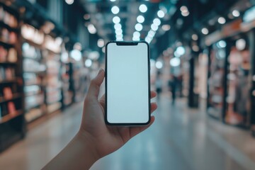 A customer holds up a smartphone in a retail store, possibly discussing features or prices with a sales associate