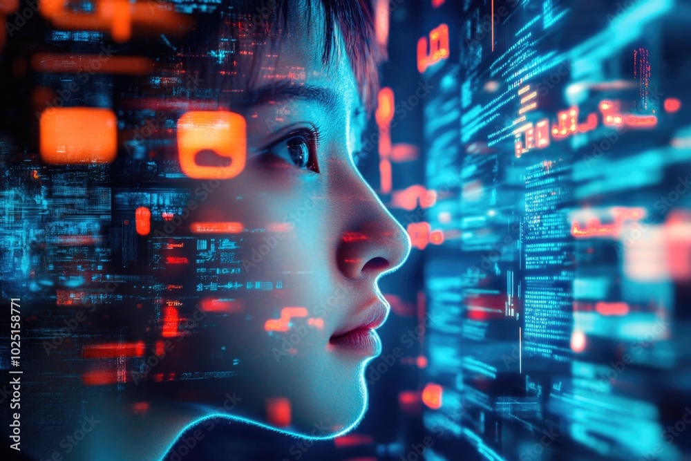 Poster a person looking at a computer screen with red and blue lights