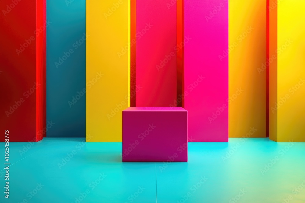 Poster a brightly colored room featuring a cube in the center