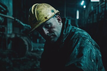 A person in a hard hat standing on a factory floor, industrial setting
