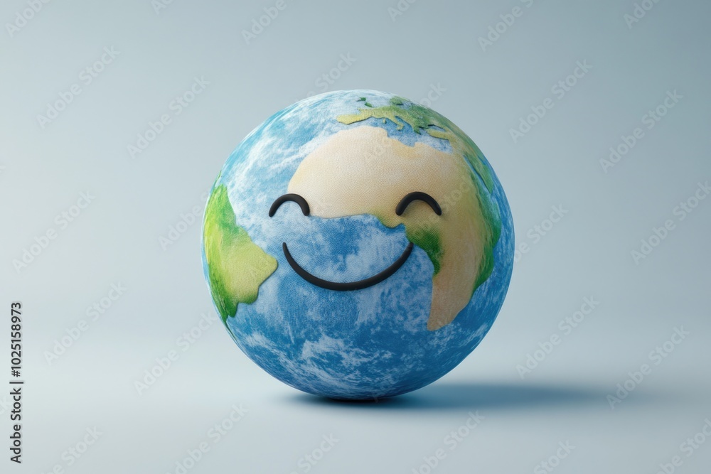 Poster a smiling face painted on the top of a globe, suggesting positivity and optimism