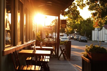 Fototapeta premium A warm sunset scene outside a cozy restaurant, perfect for evening atmosphere and outdoor dining settings