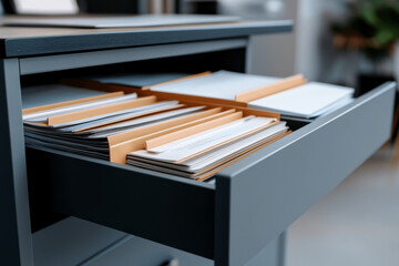 Modern filing cabinet drawer containing neatly organized folders