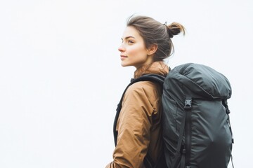 A person stands in front of a white background, holding a backpack and prepared for travel