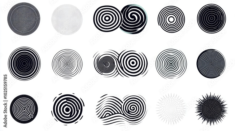 Poster a collection of nine different black and white circles with varying sizes and textures