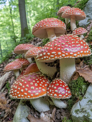 Obraz premium Red Amanita Mushrooms in a Sunlit Forest