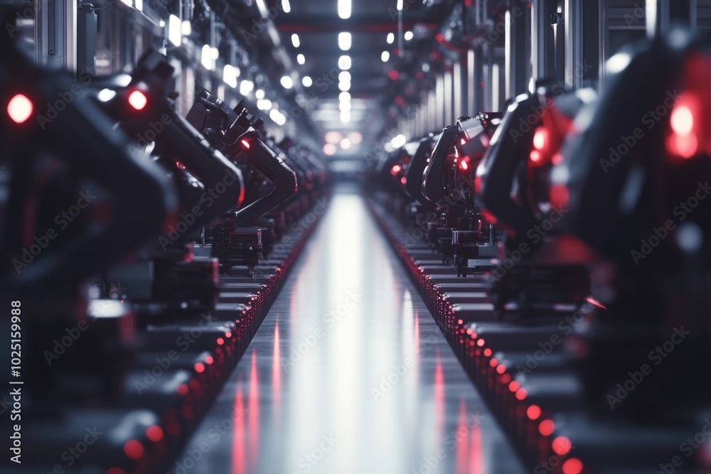 Poster a row of moving lights installed in a warehouse
