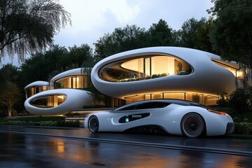 Obraz premium Futuristic residential block, where AI-driven systems manage energy, waste, and security, providing a glimpse into tech-integrated living