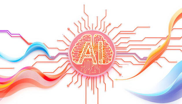 AI symbol adorned with complex circuit layout on a white background. Surrounded by colorful, flowing elements 3D rendering isolated with white highlights, png