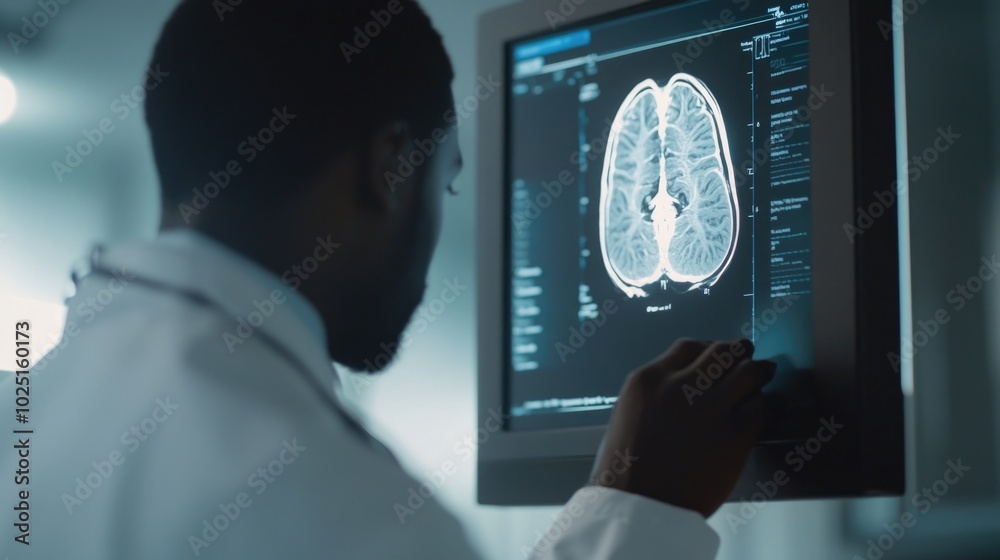 Poster a person studying brain activity on a computer screen, suitable for medical or educational use