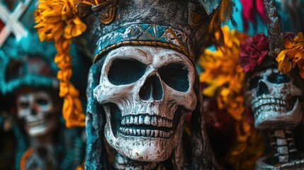 Fototapeta premium A detailed view of a skull adorned with a decorative headdress, perfect for Halloween or spooky-themed designs