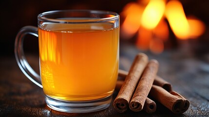 A glass of apple cider sitting next to a bundle of cinnamon sticks, with a fire crackling in the background, shot from a medium distance to capture the warmth of the scene. 